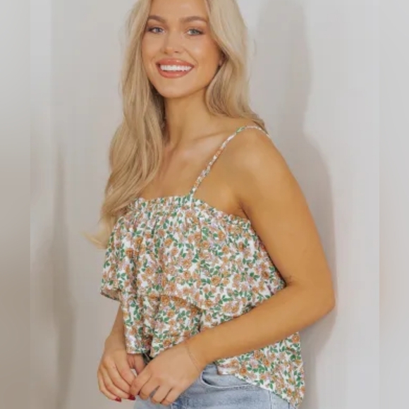 Tops - F4 DOUBLE RUFFLE BEIGE FLORAL CAMISOL